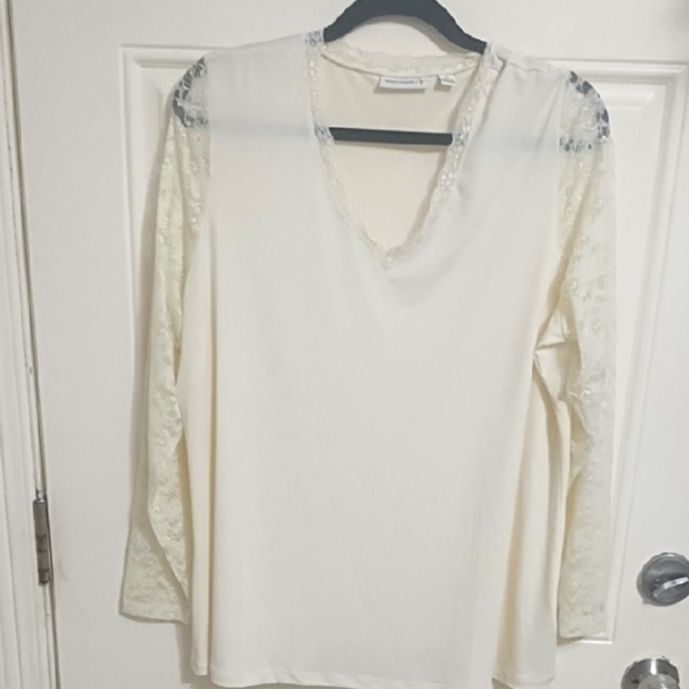 Susan Graver Cream Lace Detail Blouse